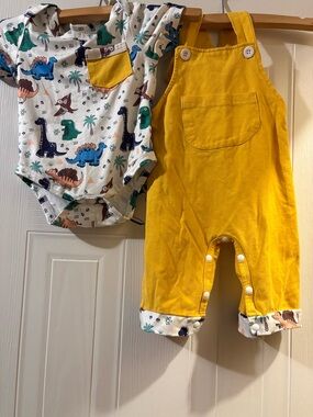 Baby Dinosaur Print Onesie & Mustard Yellow Overalls Set